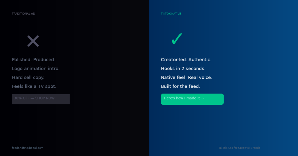 Side by side comparison showing why TikTok ads for creative brands work better with native UGC-style content than traditional polished ad creative